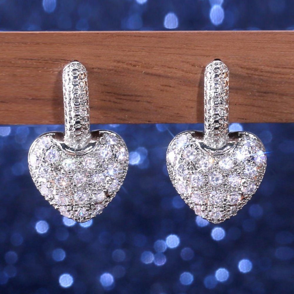 NEW Silver Pave Diamond Heart Huggie Hoop Earrings